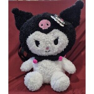 NWT Sanrio Kuromi Feather Plush Backpack Fuzzy Black Pink 13" Cosplay Bag New